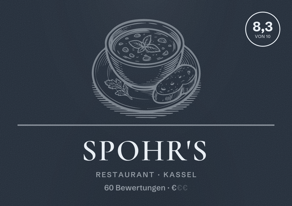 Illustriertes Poster von Spohr's, Restaurant in Kassel: Bewertung 8,3 von 10 aus 60 Bewertungen, Preisniveau €
