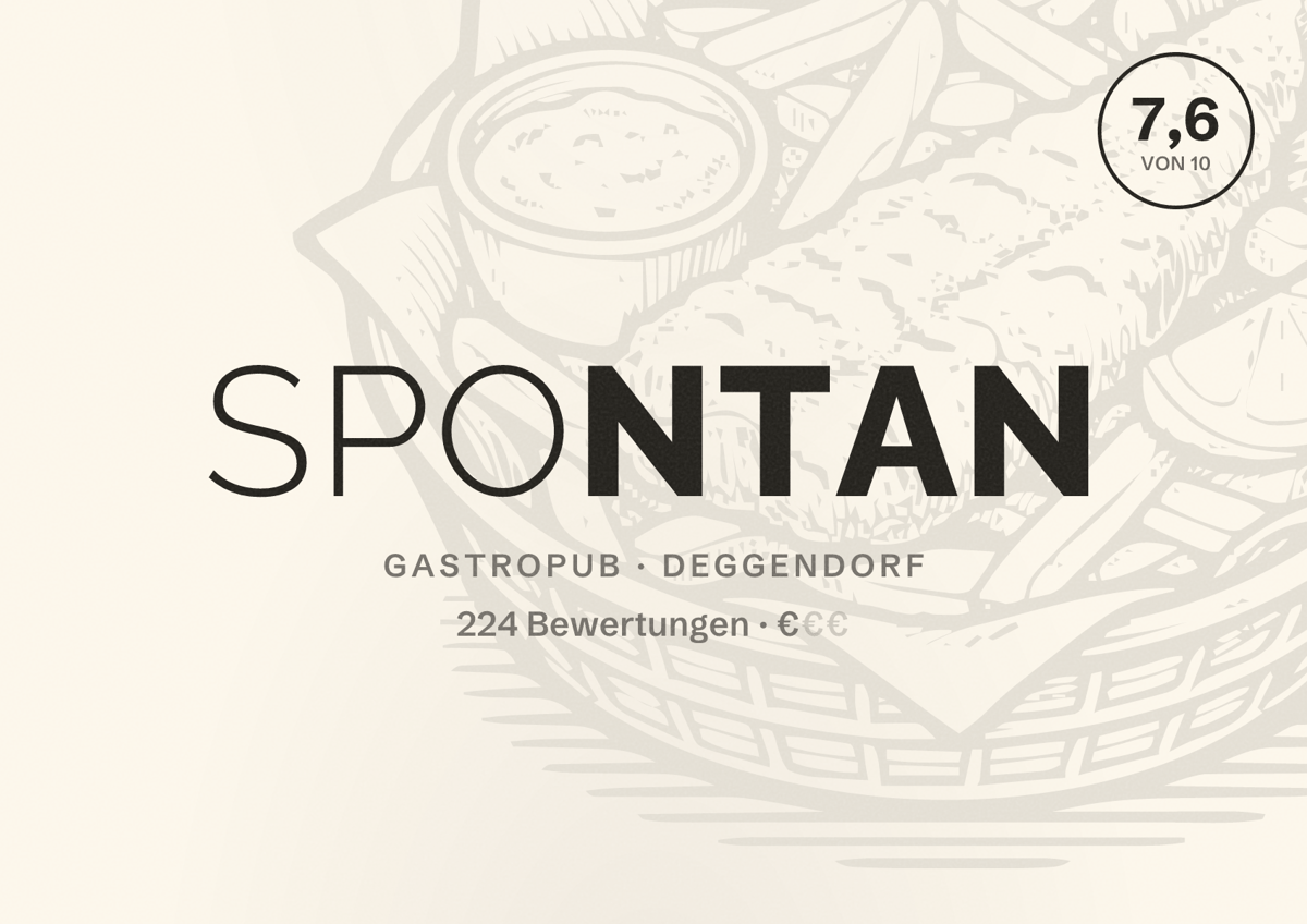 Illustriertes Poster von Spontan, Gastropub in Deggendorf: Bewertung 7,6 von 10 aus 224 Bewertungen, Preisniveau €