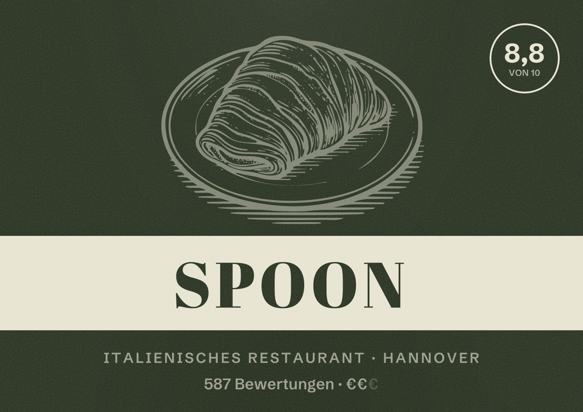 Illustriertes Poster von Spoon, Italienisches Restaurant in Hannover: Bewertung 8,8 von 10 aus 587 Bewertungen, Preisniveau €€