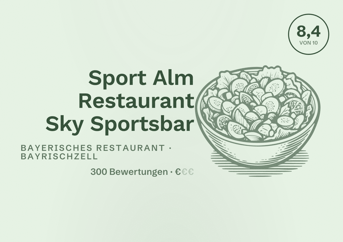 Illustriertes Poster von Sport Alm Restaurant Sky Sportsbar, Bayerisches Restaurant in Bayrischzell: Bewertung 8,4 von 10 aus 300 Bewertungen, Preisniveau €