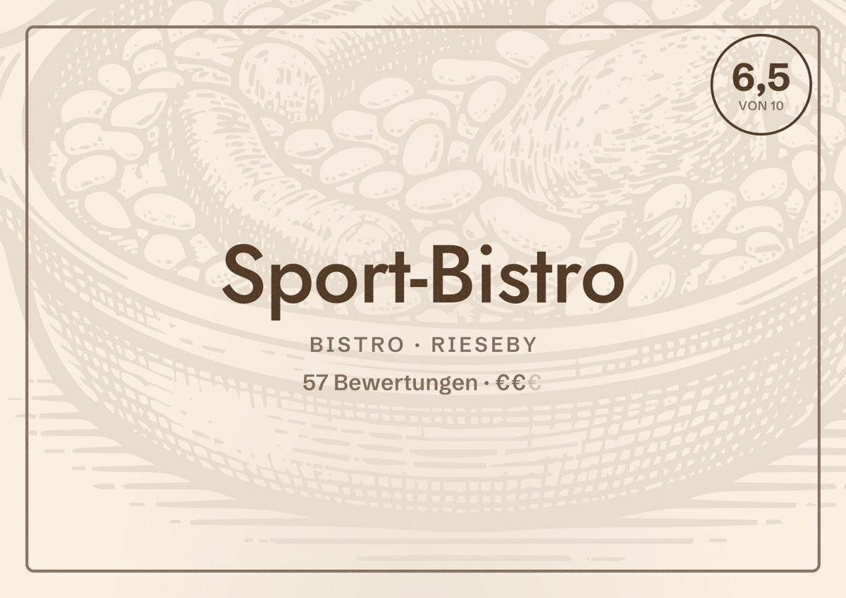 Illustriertes Poster von Sport-Bistro, Bistro in Rieseby: Bewertung 6,5 von 10 aus 57 Bewertungen, Preisniveau €€