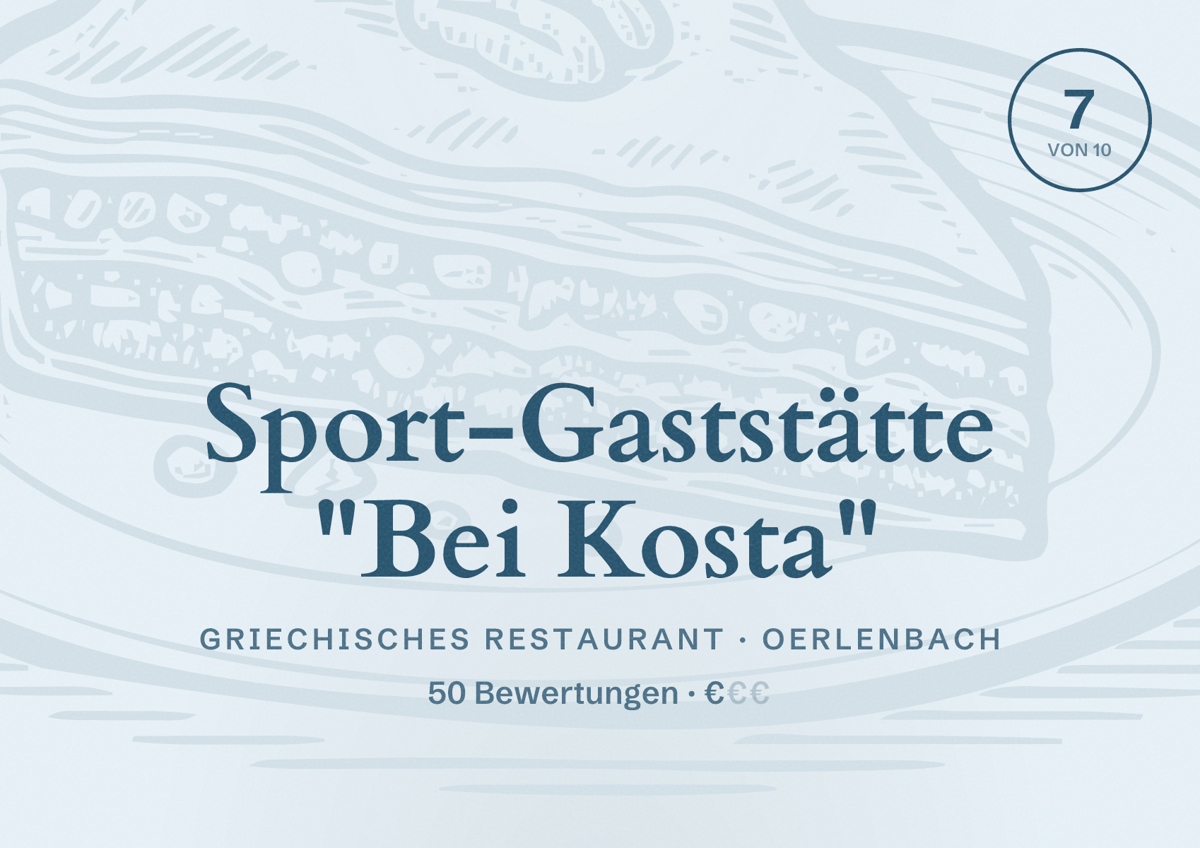 Illustriertes Poster von Sport-Gaststätte "Bei Kosta", Griechisches Restaurant in Oerlenbach: Bewertung 7 von 10 aus 50 Bewertungen, Preisniveau €