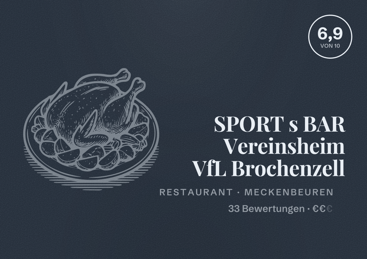 Illustriertes Poster von SPORT s BAR Vereinsheim VfL Brochenzell, Restaurant in Meckenbeuren: Bewertung 6,9 von 10 aus 33 Bewertungen, Preisniveau €€