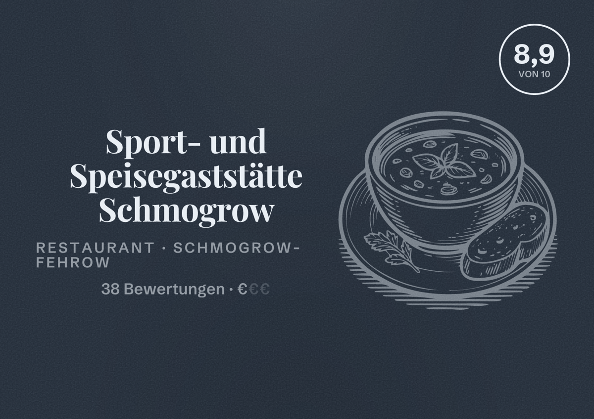 Illustriertes Poster von Sport- und Speisegaststätte Schmogrow, Restaurant in Schmogrow-Fehrow: Bewertung 8,9 von 10 aus 38 Bewertungen, Preisniveau €