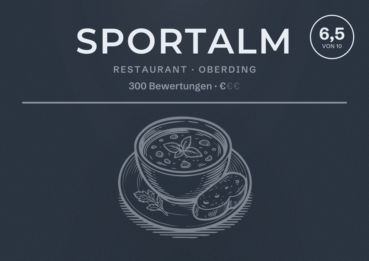 Illustriertes Poster von Sportalm, Restaurant in Oberding: Bewertung 6,5 von 10 aus 300 Bewertungen, Preisniveau €
