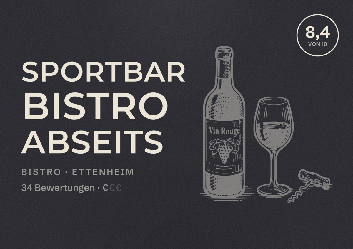 Illustriertes Poster von Sportbar Bistro Abseits, Bistro in Ettenheim: Bewertung 8,4 von 10 aus 34 Bewertungen, Preisniveau €
