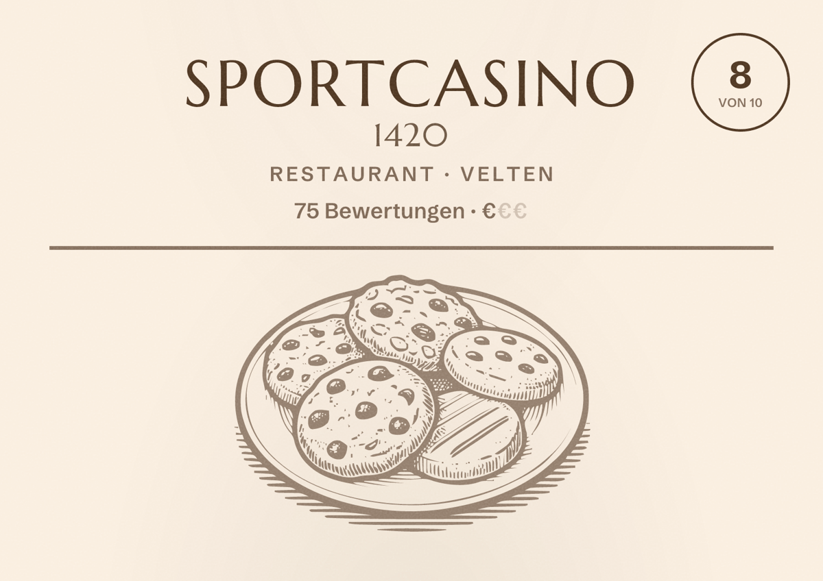 Illustriertes Poster von Sportcasino 1420, Restaurant in Velten: Bewertung 8 von 10 aus 75 Bewertungen, Preisniveau €