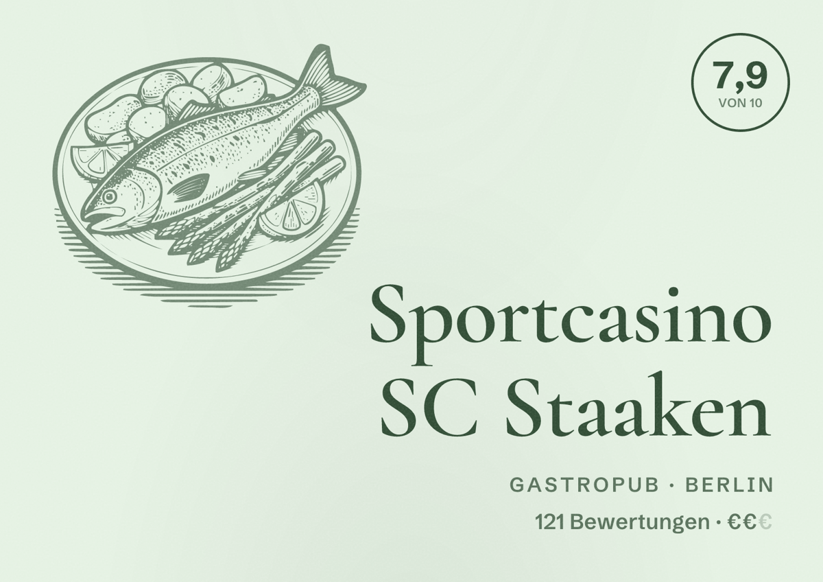 Illustriertes Poster von Sportcasino SC Staaken, Gastropub in Berlin: Bewertung 7,9 von 10 aus 121 Bewertungen, Preisniveau €€
