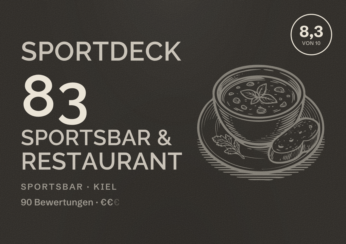 Illustriertes Poster von Sportdeck 83 Sportsbar & Restaurant, Sportsbar in Kiel: Bewertung 8,3 von 10 aus 90 Bewertungen, Preisniveau €€