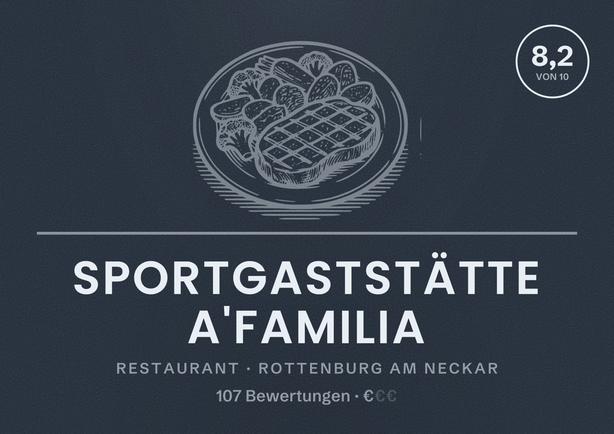 Illustriertes Poster von Sportgaststätte A'Familia, Restaurant in Rottenburg am Neckar: Bewertung 8,2 von 10 aus 107 Bewertungen, Preisniveau €