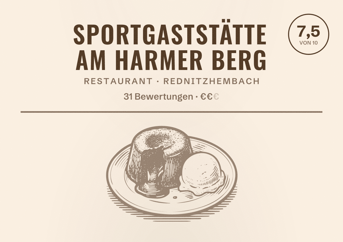 Illustriertes Poster von Sportgaststätte Am Harmer Berg, Restaurant in Rednitzhembach: Bewertung 7,5 von 10 aus 31 Bewertungen, Preisniveau €€