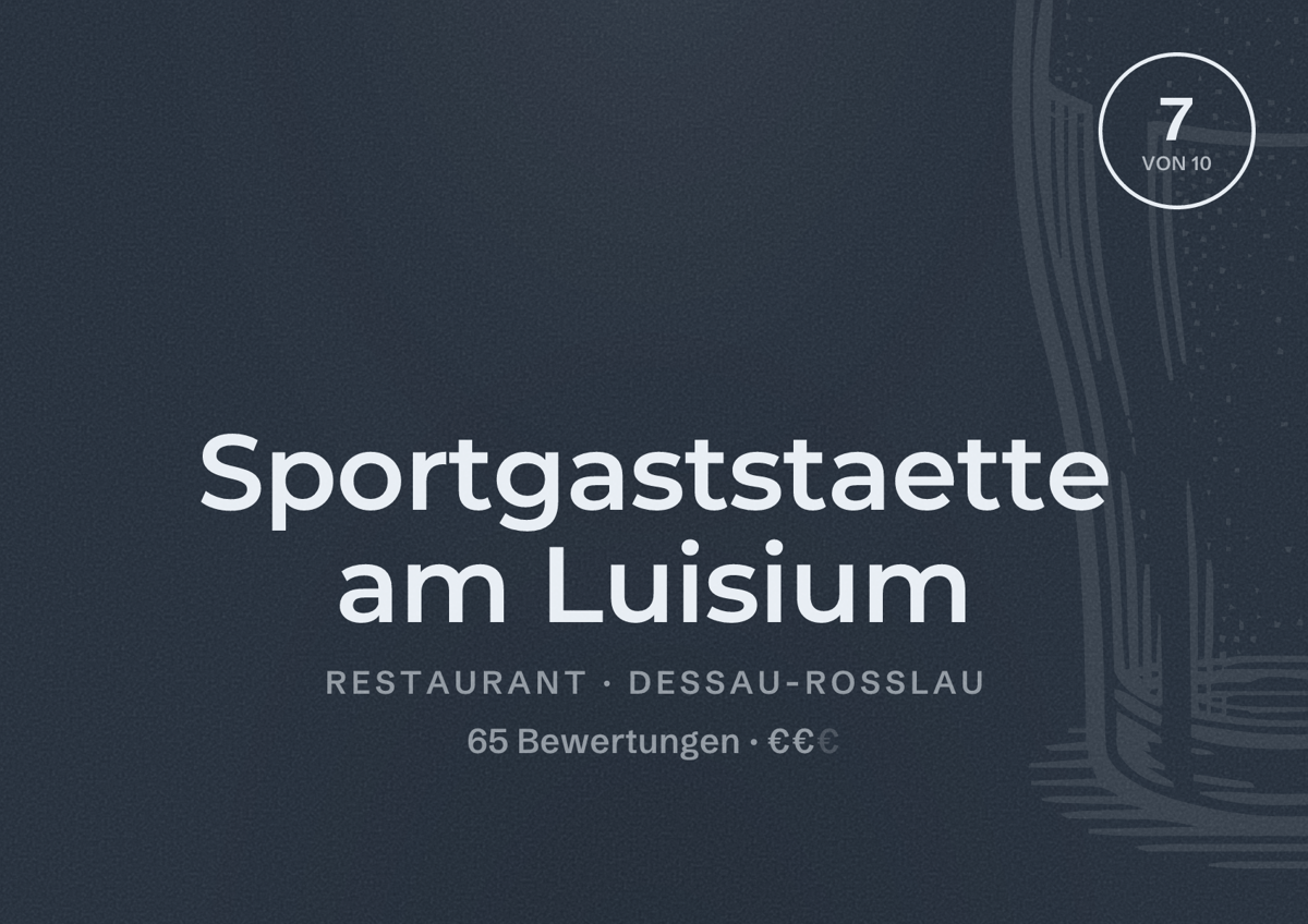 Illustriertes Poster von Sportgaststaette am Luisium, Restaurant in Dessau-Roßlau: Bewertung 7 von 10 aus 65 Bewertungen, Preisniveau €€