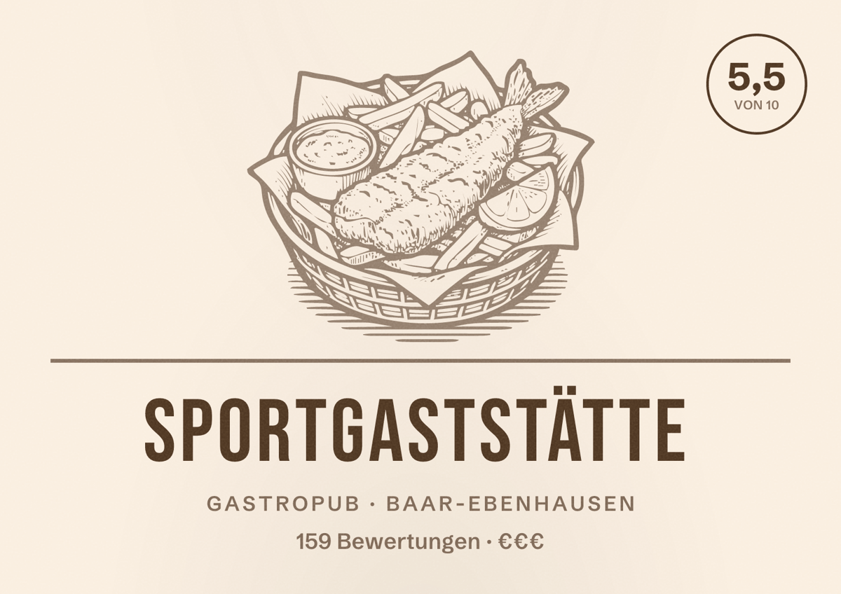 Illustriertes Poster von Sportgaststätte, Gastropub in Baar-Ebenhausen: Bewertung 5,5 von 10 aus 159 Bewertungen, Preisniveau €€€