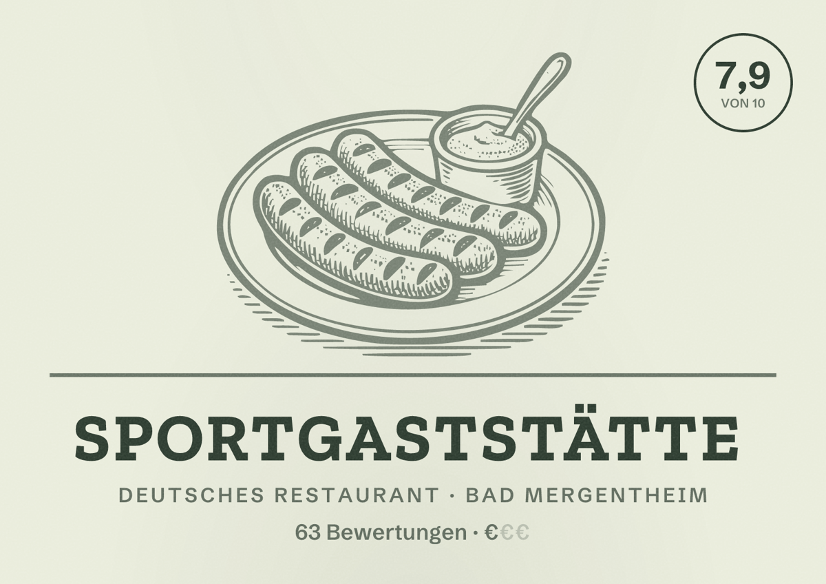 Illustriertes Poster von Sportgaststätte, Deutsches Restaurant in Bad Mergentheim: Bewertung 7,9 von 10 aus 63 Bewertungen, Preisniveau €
