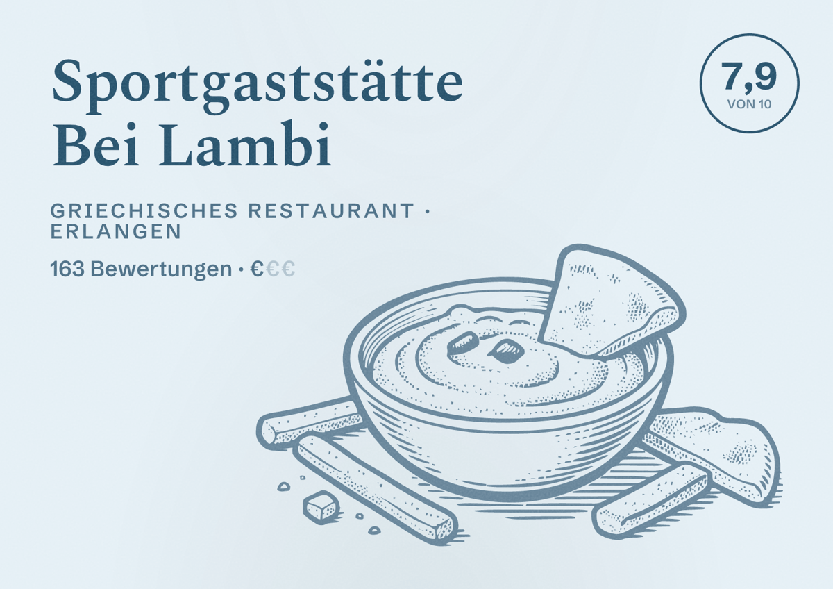 Illustriertes Poster von Sportgaststätte Bei Lambi, Griechisches Restaurant in Erlangen: Bewertung 7,9 von 10 aus 163 Bewertungen, Preisniveau €