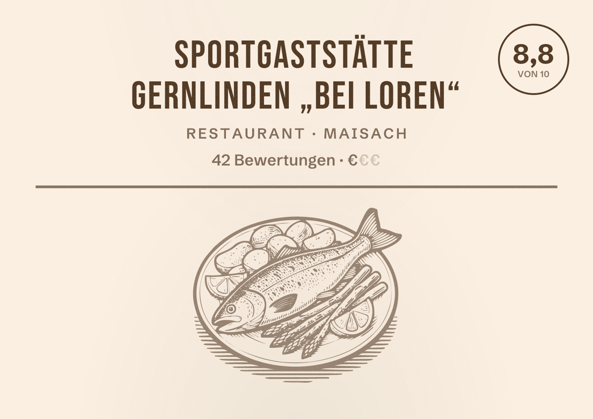 Illustriertes Poster von Sportgaststätte Gernlinden „Bei Loren“, Restaurant in Maisach: Bewertung 8,8 von 10 aus 42 Bewertungen, Preisniveau €