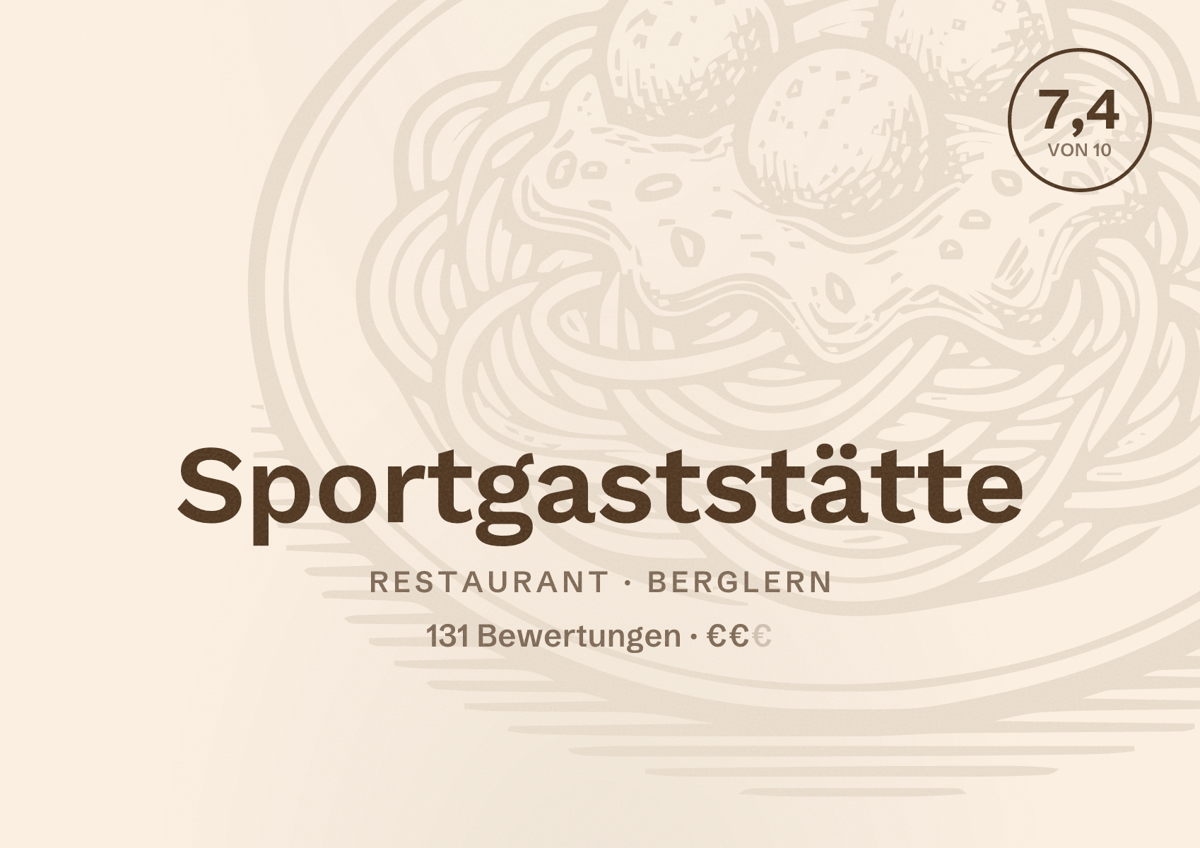 Illustriertes Poster von Sportgaststätte, Restaurant in Berglern: Bewertung 7,4 von 10 aus 131 Bewertungen, Preisniveau €€