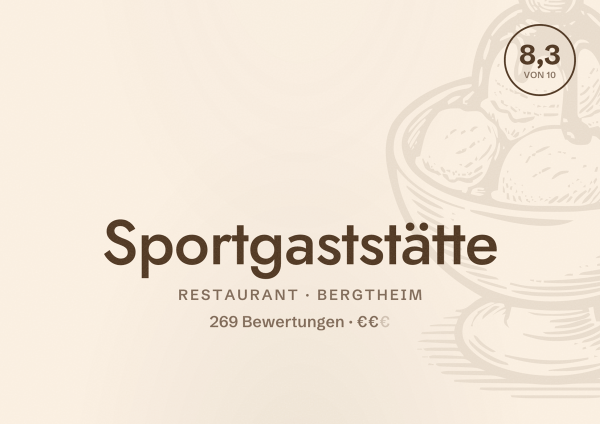 Illustriertes Poster von Sportgaststätte, Restaurant in Bergtheim: Bewertung 8,3 von 10 aus 269 Bewertungen, Preisniveau €€