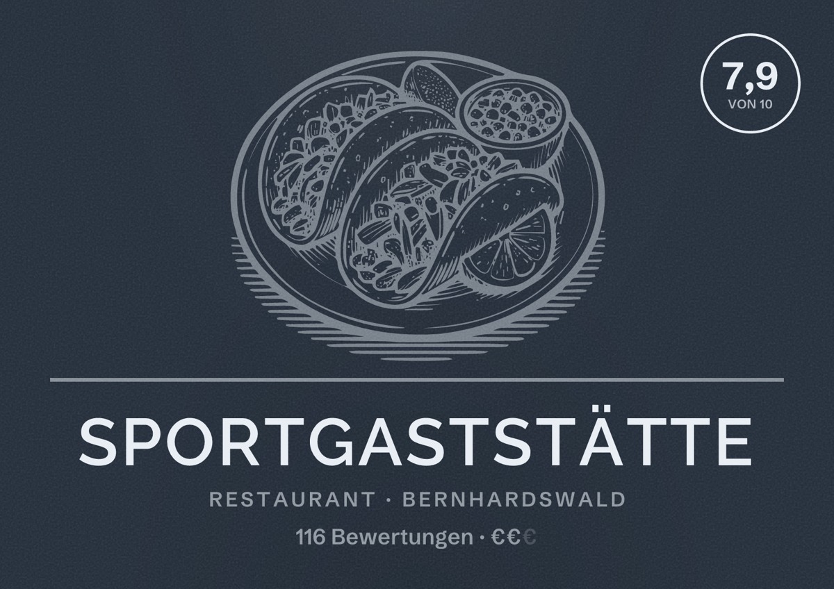 Illustriertes Poster von Sportgaststätte, Restaurant in Bernhardswald: Bewertung 7,9 von 10 aus 116 Bewertungen, Preisniveau €€