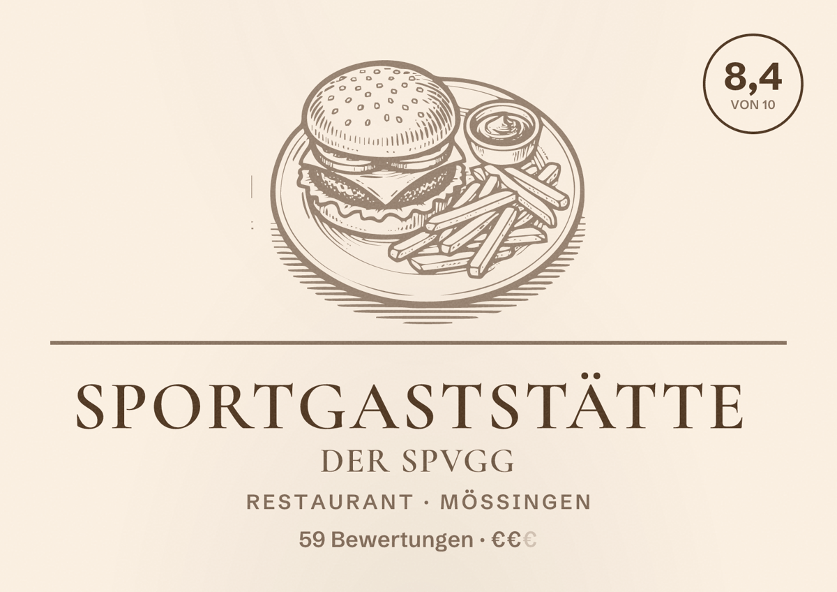 Illustriertes Poster von Sportgaststätte der Spvgg, Restaurant in Mössingen: Bewertung 8,4 von 10 aus 59 Bewertungen, Preisniveau €€