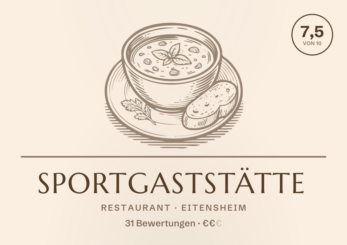 Illustriertes Poster von Sportgaststätte, Restaurant in Eitensheim: Bewertung 7,5 von 10 aus 31 Bewertungen, Preisniveau €€