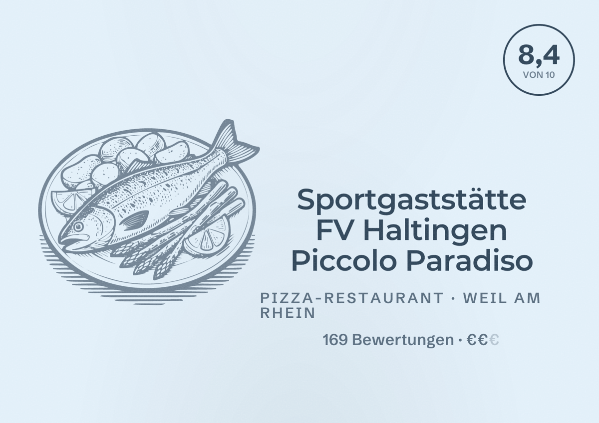 Illustriertes Poster von Sportgaststätte FV Haltingen Piccolo Paradiso, Pizza-Restaurant in Weil am Rhein: Bewertung 8,4 von 10 aus 169 Bewertungen, Preisniveau €€