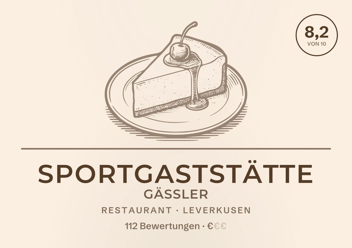 Illustriertes Poster von Sportgaststätte Gäßler, Restaurant in Leverkusen: Bewertung 8,2 von 10 aus 112 Bewertungen, Preisniveau €