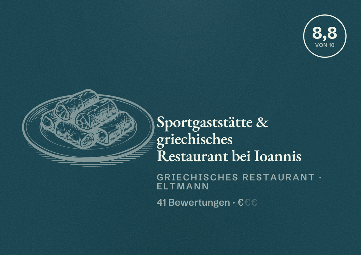 Illustriertes Poster von Sportgaststätte & griechisches Restaurant bei Ioannis, Griechisches Restaurant in Eltmann: Bewertung 8,8 von 10 aus 41 Bewertungen, Preisniveau €