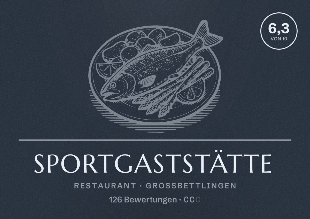 Illustriertes Poster von Sportgaststätte, Restaurant in Großbettlingen: Bewertung 6,3 von 10 aus 126 Bewertungen, Preisniveau €€