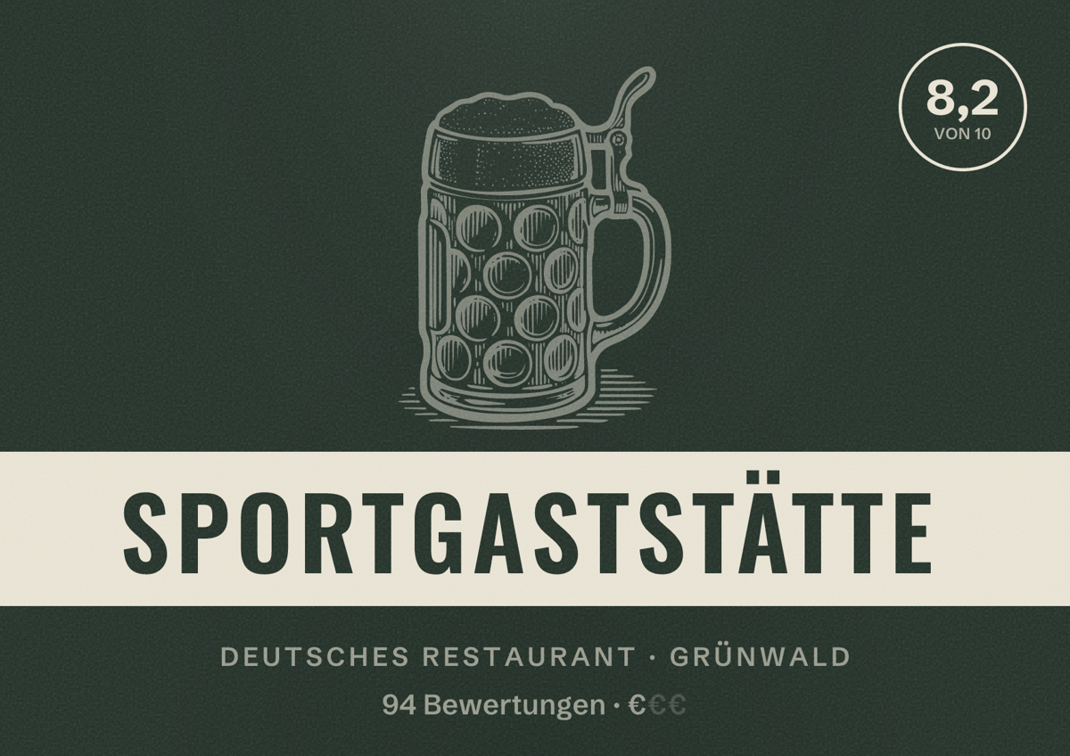 Illustriertes Poster von Sportgaststätte, Deutsches Restaurant in Grünwald: Bewertung 8,2 von 10 aus 94 Bewertungen, Preisniveau €