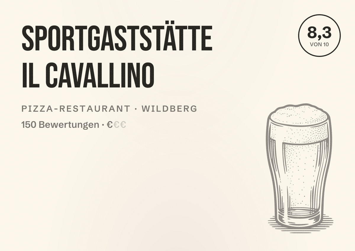 Illustriertes Poster von Sportgaststätte il Cavallino, Pizza-Restaurant in Wildberg: Bewertung 8,3 von 10 aus 150 Bewertungen, Preisniveau €