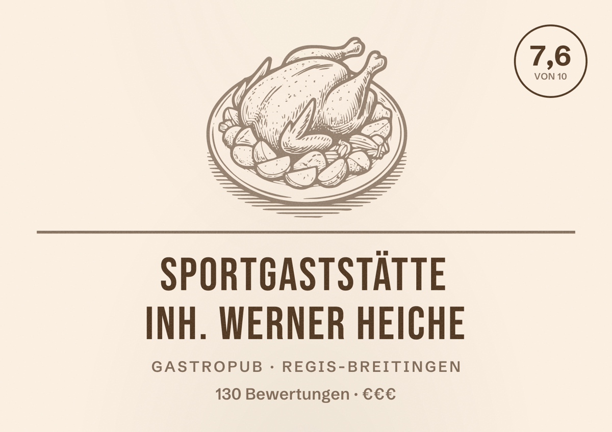 Illustriertes Poster von Sportgaststätte Inh. Werner Heiche, Gastropub in Regis-Breitingen: Bewertung 7,6 von 10 aus 130 Bewertungen, Preisniveau €€€