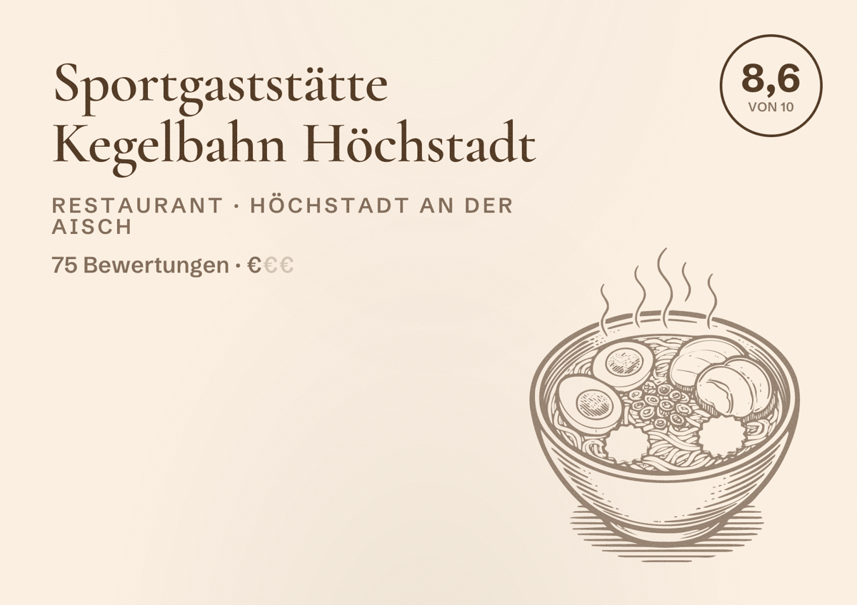 Illustriertes Poster von Sportgaststätte Kegelbahn Höchstadt, Restaurant in Höchstadt an der Aisch: Bewertung 8,6 von 10 aus 75 Bewertungen, Preisniveau €