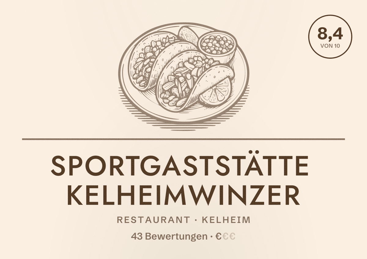Illustriertes Poster von Sportgaststätte Kelheimwinzer, Restaurant in Kelheim: Bewertung 8,4 von 10 aus 43 Bewertungen, Preisniveau €