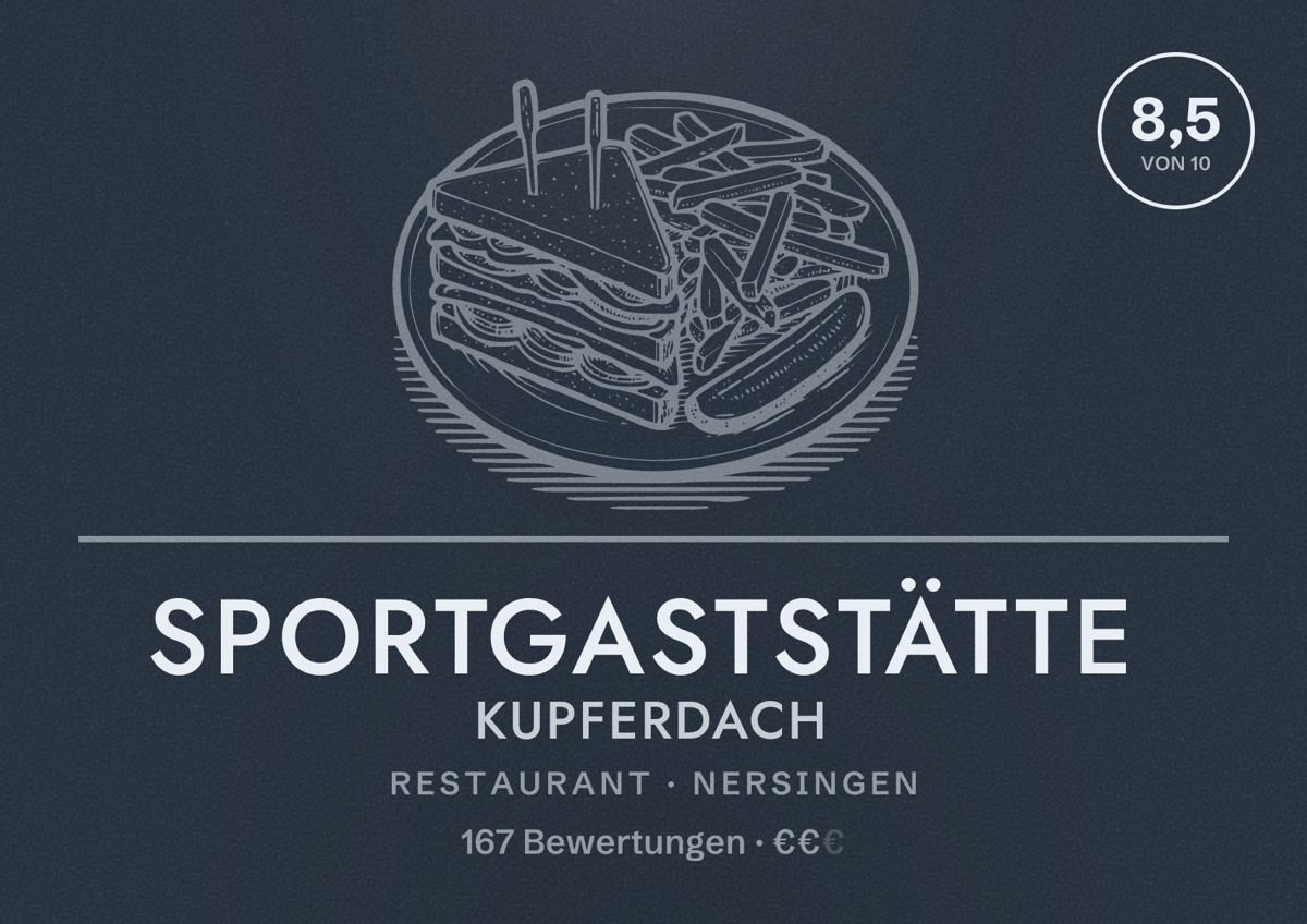 Illustriertes Poster von Sportgaststätte Kupferdach, Restaurant in Nersingen: Bewertung 8,5 von 10 aus 167 Bewertungen, Preisniveau €€