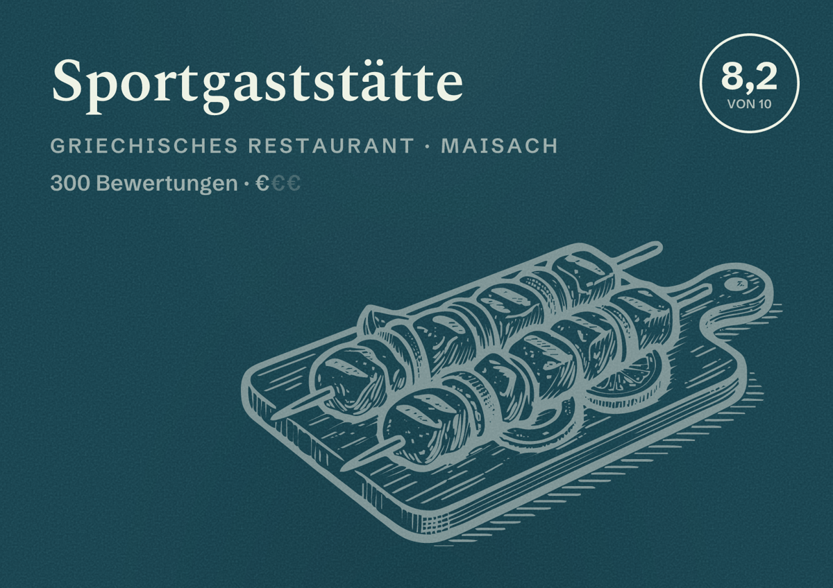 Illustriertes Poster von Sportgaststätte, Griechisches Restaurant in Maisach: Bewertung 8,2 von 10 aus 300 Bewertungen, Preisniveau €