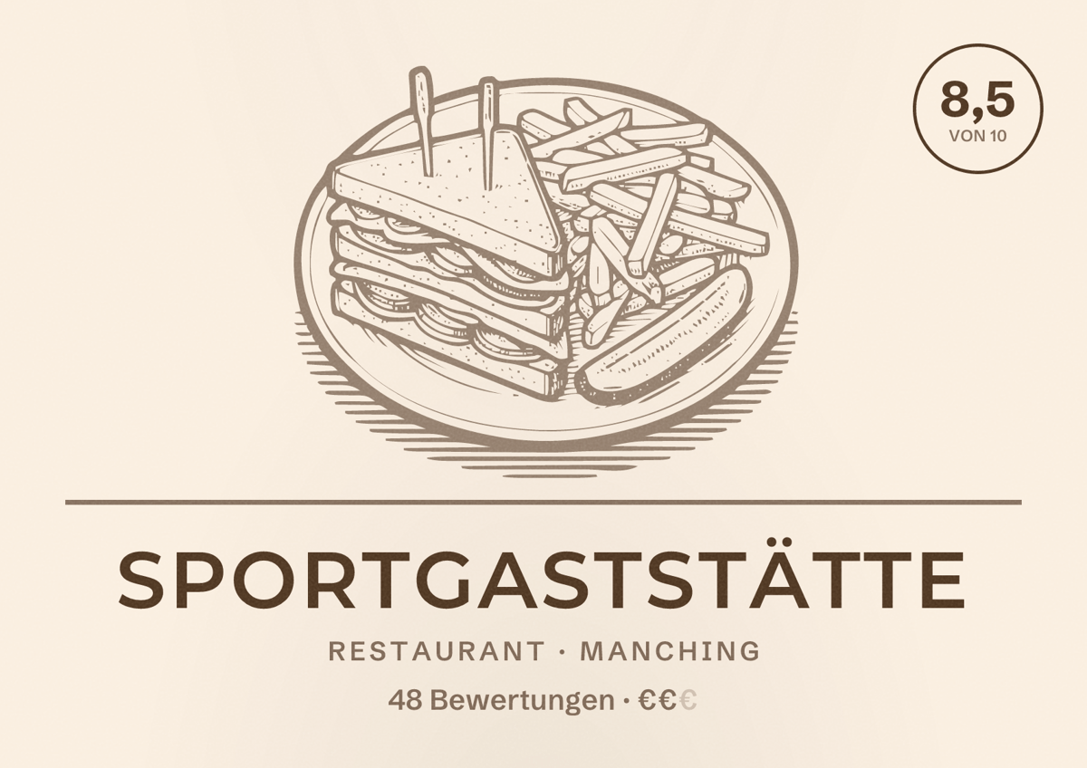 Illustriertes Poster von Sportgaststätte, Restaurant in Manching: Bewertung 8,5 von 10 aus 48 Bewertungen, Preisniveau €€
