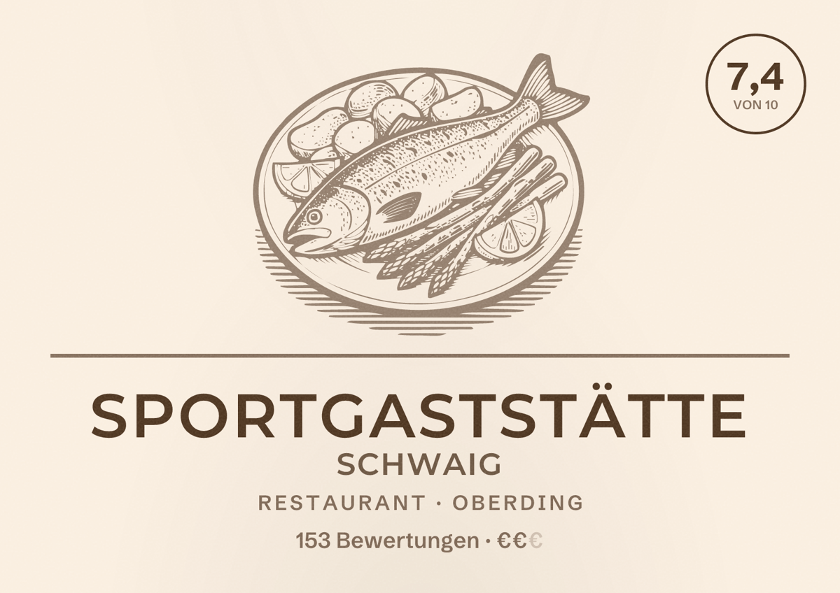 Illustriertes Poster von Sportgaststätte Schwaig, Restaurant in Oberding: Bewertung 7,4 von 10 aus 153 Bewertungen, Preisniveau €€