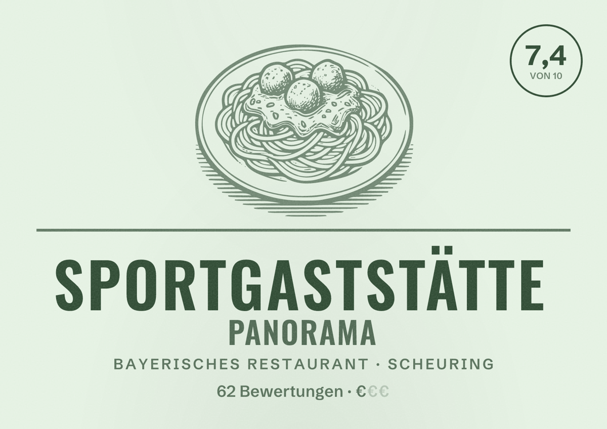 Illustriertes Poster von Sportgaststätte Panorama, Bayerisches Restaurant in Scheuring: Bewertung 7,4 von 10 aus 62 Bewertungen, Preisniveau €