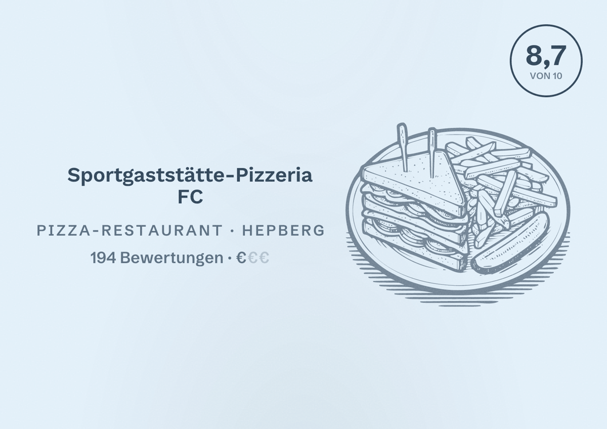 Illustriertes Poster von Sportgaststätte-Pizzeria FC, Pizza-Restaurant in Hepberg: Bewertung 8,7 von 10 aus 194 Bewertungen, Preisniveau €