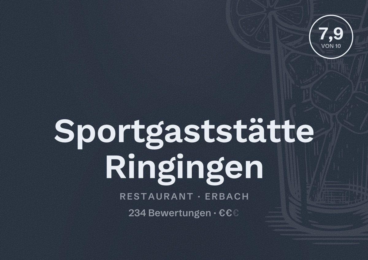 Illustriertes Poster von Sportgaststätte Ringingen, Restaurant in Erbach: Bewertung 7,9 von 10 aus 234 Bewertungen, Preisniveau €€