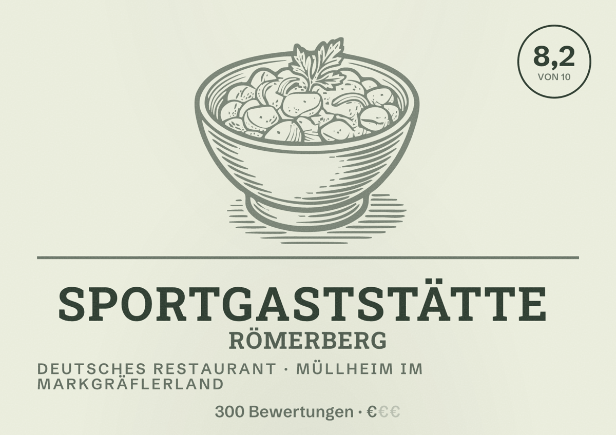 Illustriertes Poster von Sportgaststätte Römerberg, Deutsches Restaurant in Müllheim im Markgräflerland: Bewertung 8,2 von 10 aus 300 Bewertungen, Preisniveau €