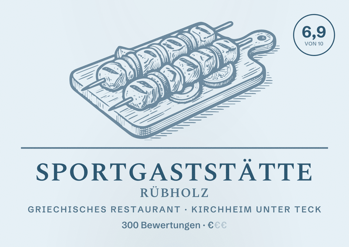 Illustriertes Poster von Sportgaststätte Rübholz, Griechisches Restaurant in Kirchheim unter Teck: Bewertung 6,9 von 10 aus 300 Bewertungen, Preisniveau €