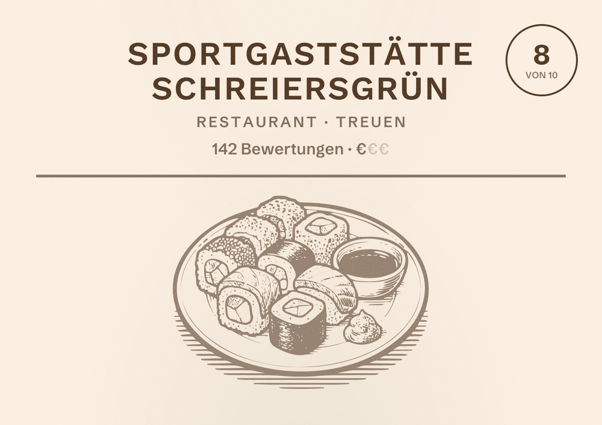 Illustriertes Poster von Sportgaststätte Schreiersgrün, Restaurant in Treuen: Bewertung 8 von 10 aus 142 Bewertungen, Preisniveau €