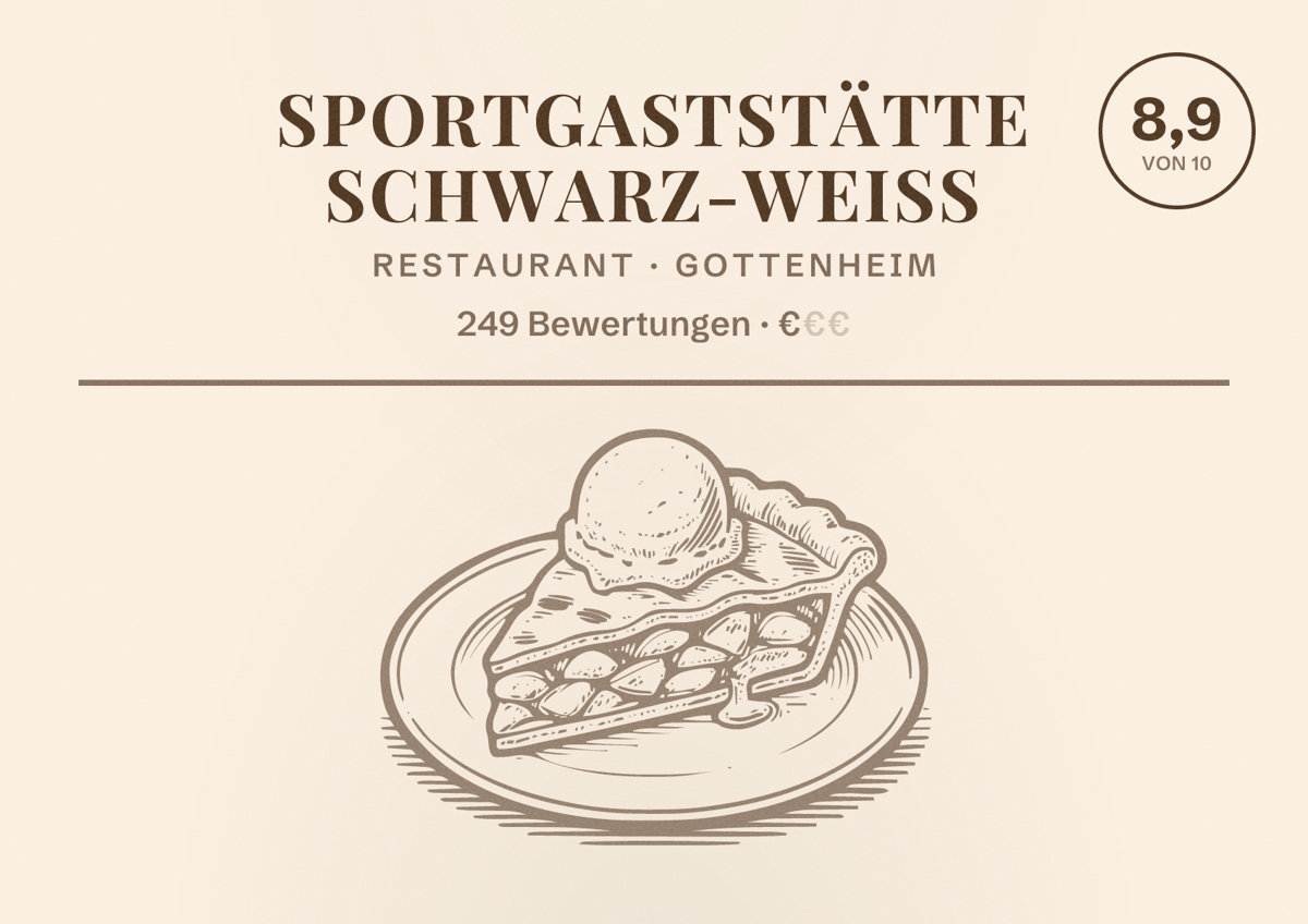 Illustriertes Poster von Sportgaststätte Schwarz-Weiß, Restaurant in Gottenheim: Bewertung 8,9 von 10 aus 249 Bewertungen, Preisniveau €