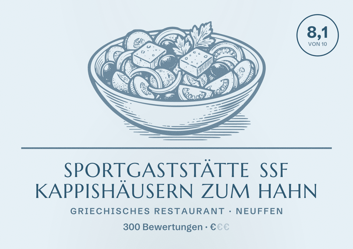 Illustriertes Poster von Sportgaststätte SSF Kappishäusern zum Hahn, Griechisches Restaurant in Neuffen: Bewertung 8,1 von 10 aus 300 Bewertungen, Preisniveau €