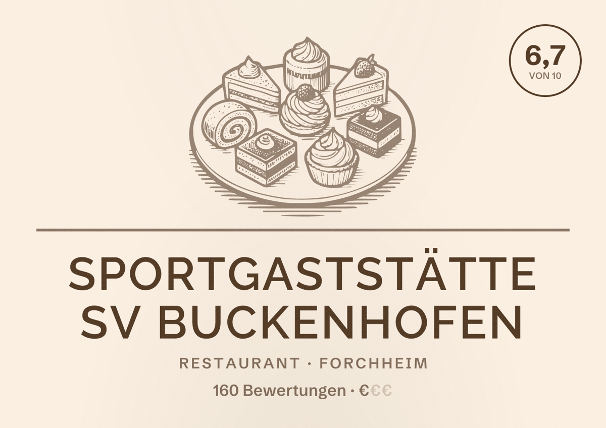 Illustriertes Poster von Sportgaststätte SV Buckenhofen, Restaurant in Forchheim: Bewertung 6,7 von 10 aus 160 Bewertungen, Preisniveau €