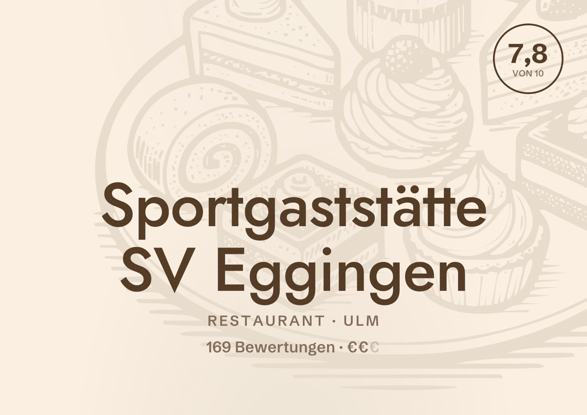 Illustriertes Poster von Sportgaststätte SV Eggingen, Restaurant in Ulm: Bewertung 7,8 von 10 aus 169 Bewertungen, Preisniveau €€