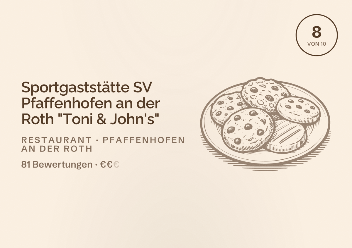 Illustriertes Poster von Sportgaststätte SV Pfaffenhofen an der Roth "Toni & John's", Restaurant in Pfaffenhofen an der Roth: Bewertung 8 von 10 aus 81 Bewertungen, Preisniveau €€
