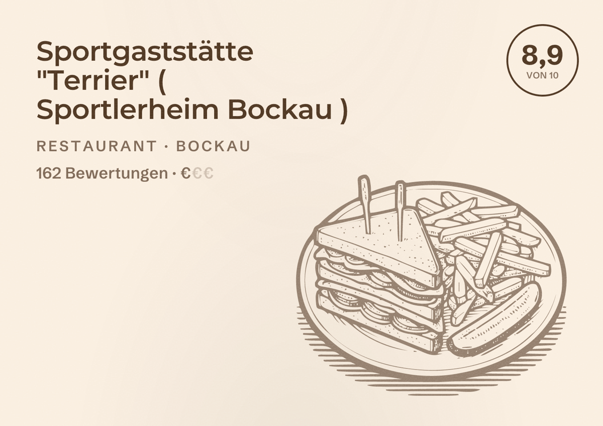 Illustriertes Poster von Sportgaststätte "Terrier" ( Sportlerheim Bockau ), Restaurant in Bockau: Bewertung 8,9 von 10 aus 162 Bewertungen, Preisniveau €